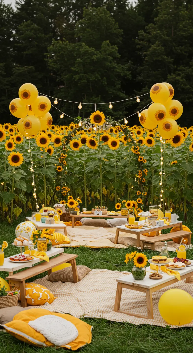 Pique-nique au milieu d'un champ de tournesols, déco jaune, ballons et guirlandes.