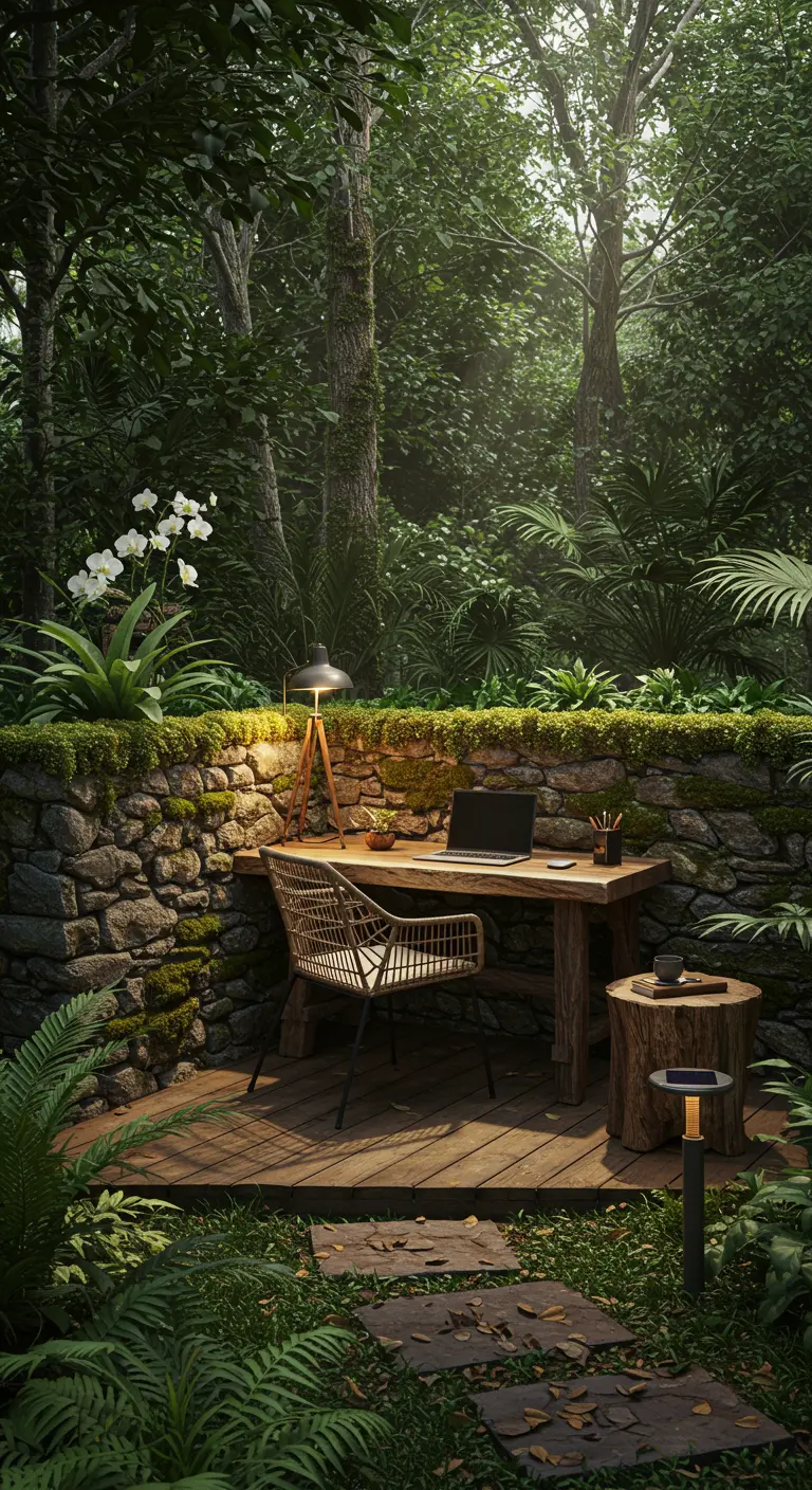 Bureau extérieur niché dans une forêt avec mur de pierres moussues, table en bois et chaise en rotin.