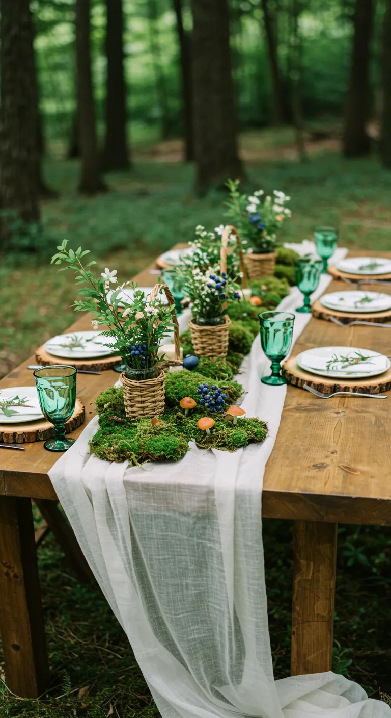 Table de forêt avec chemin de table blanc, mousse, paniers de myrtilles et verres verts.