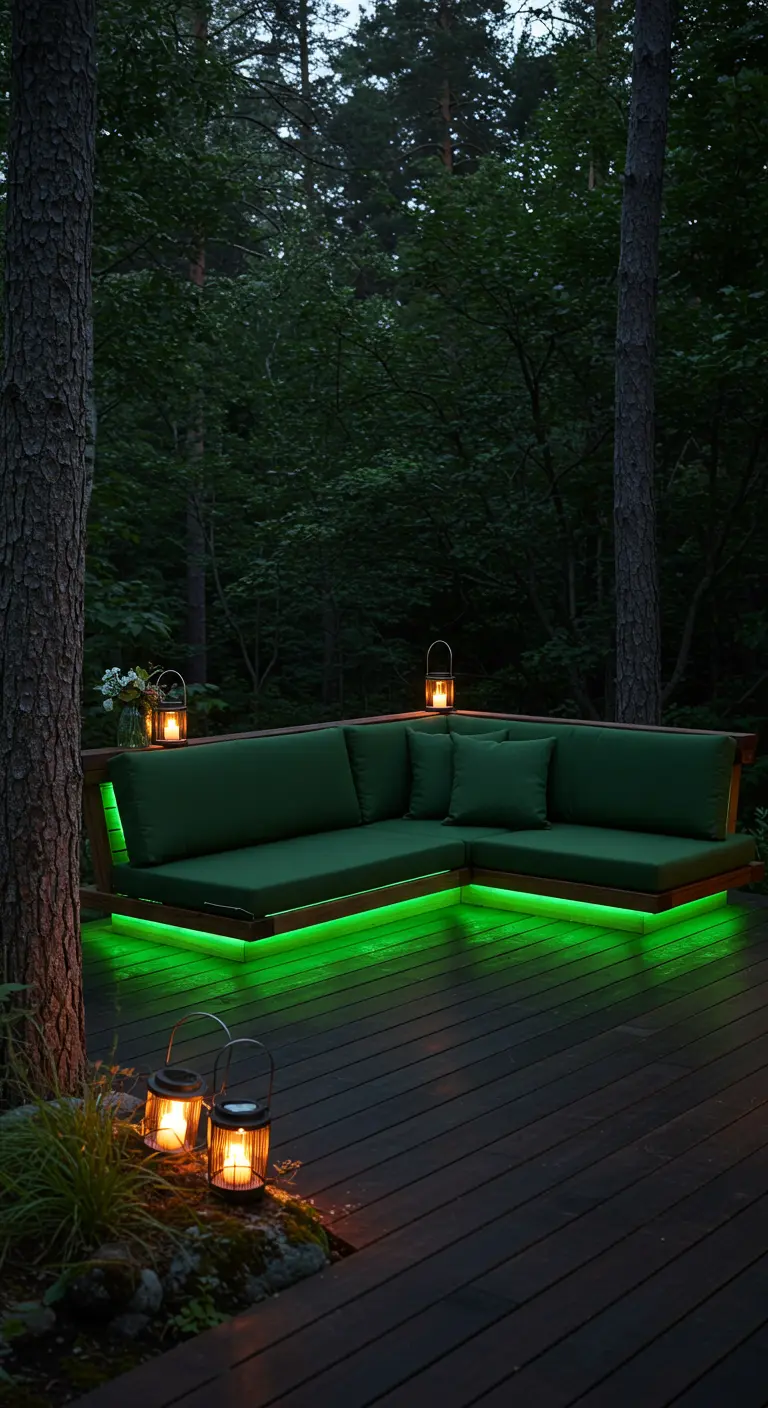 Canapé d'angle en bois, coussins vert, LED vertes sur un deck en forêt avec lanternes.