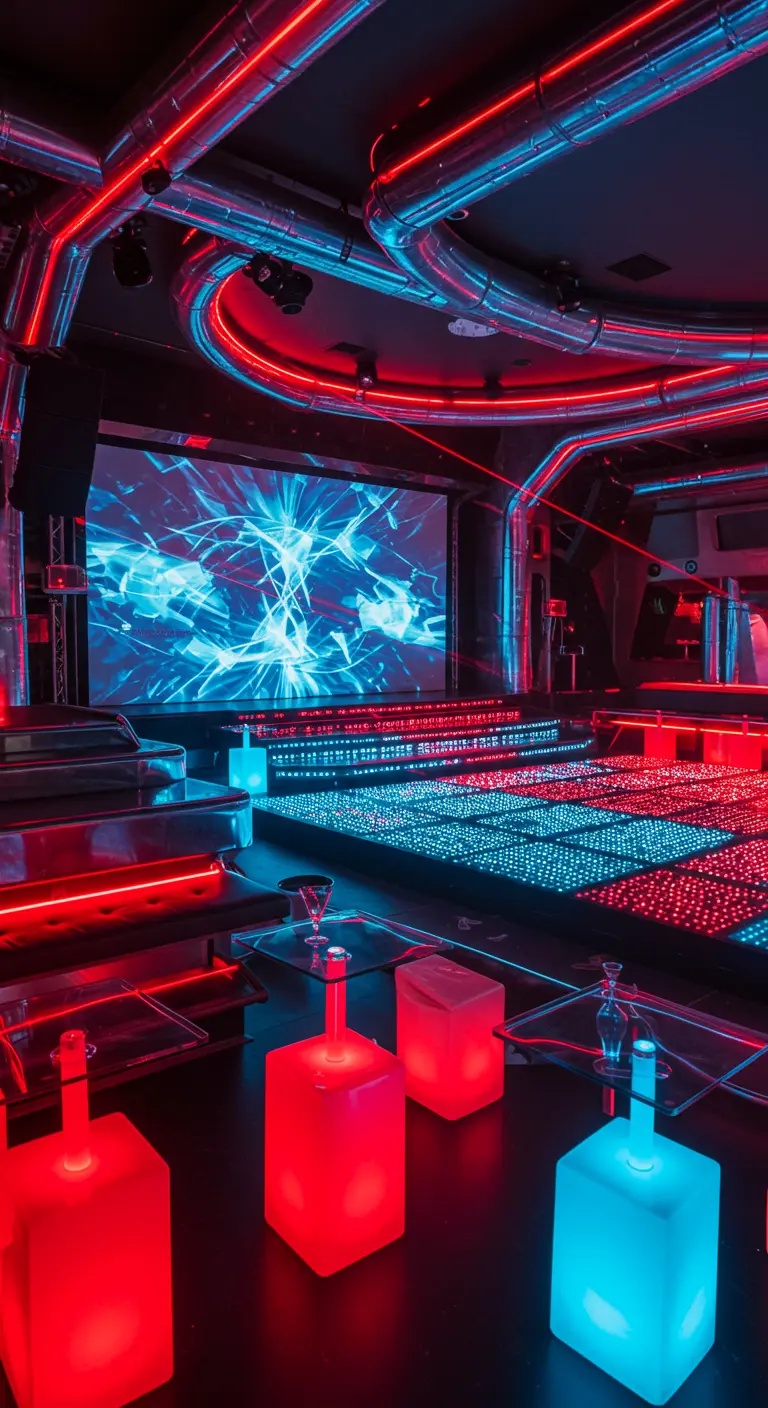 Club futuriste avec lumières néon bleues et rouges, sol lumineux interactif et grand écran.