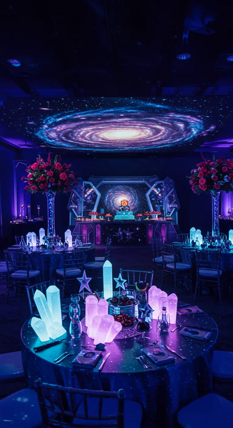Salle de réception décorée en thème galaxie avec éclairage néon et centres de table lumineux.