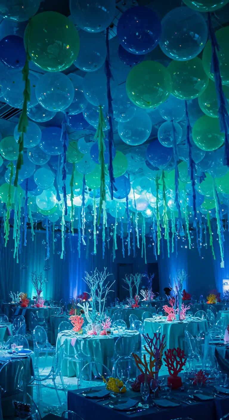 Plafond de ballons bleus et verts avec des serpentins imitant un décor sous-marin.
