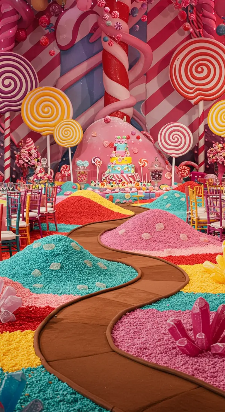 Décor de fête extravagant sur le thème du pays des bonbons.