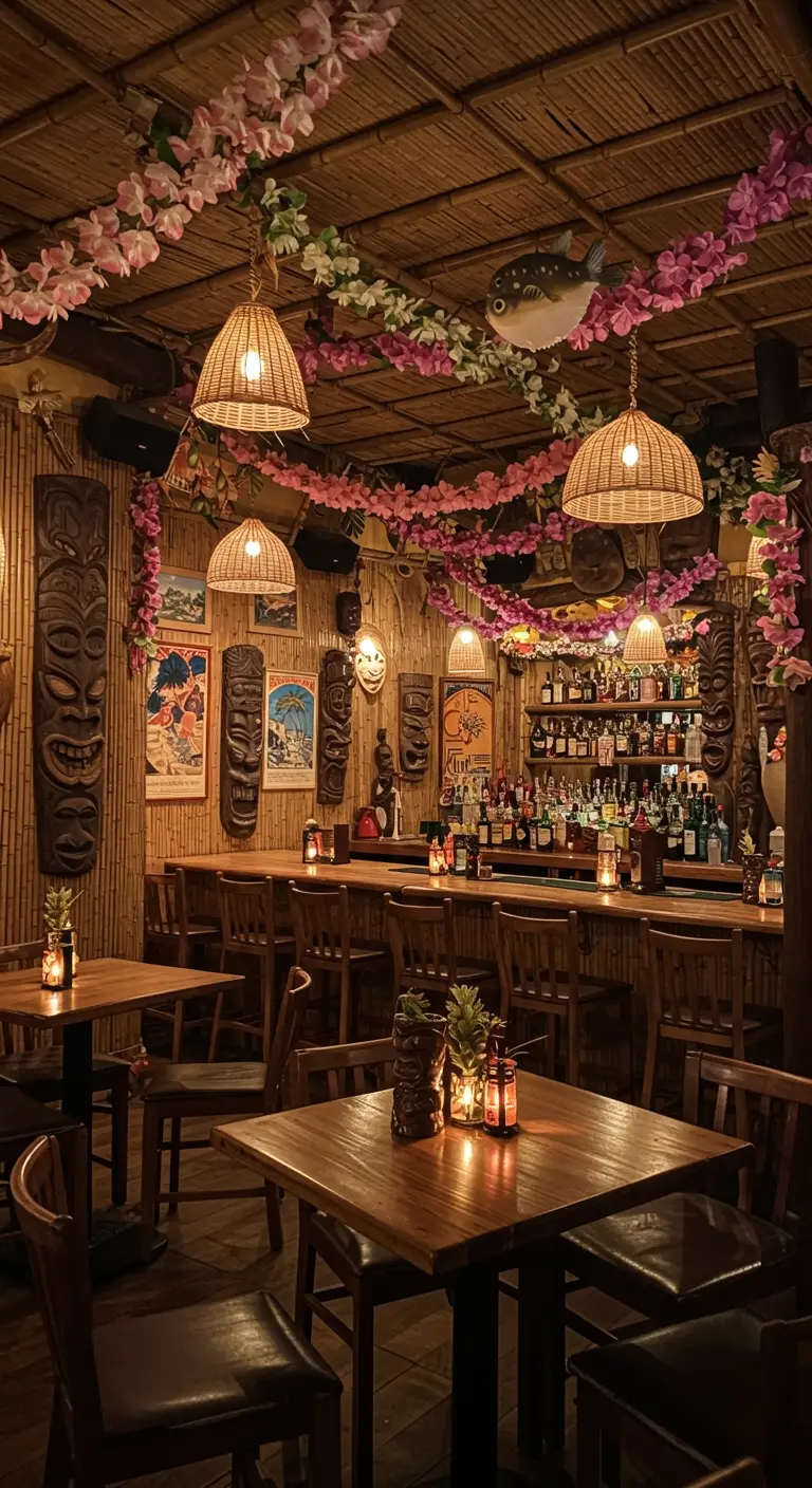 Intérieur d'un bar tiki sombre avec murs en bambou et masques sculptés.
