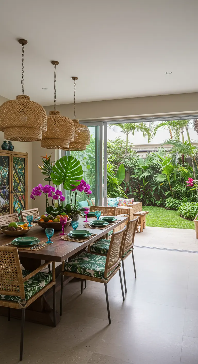Salle à manger tropicale avec table en bois sombre, chaises en rotin et vaisselle verte.