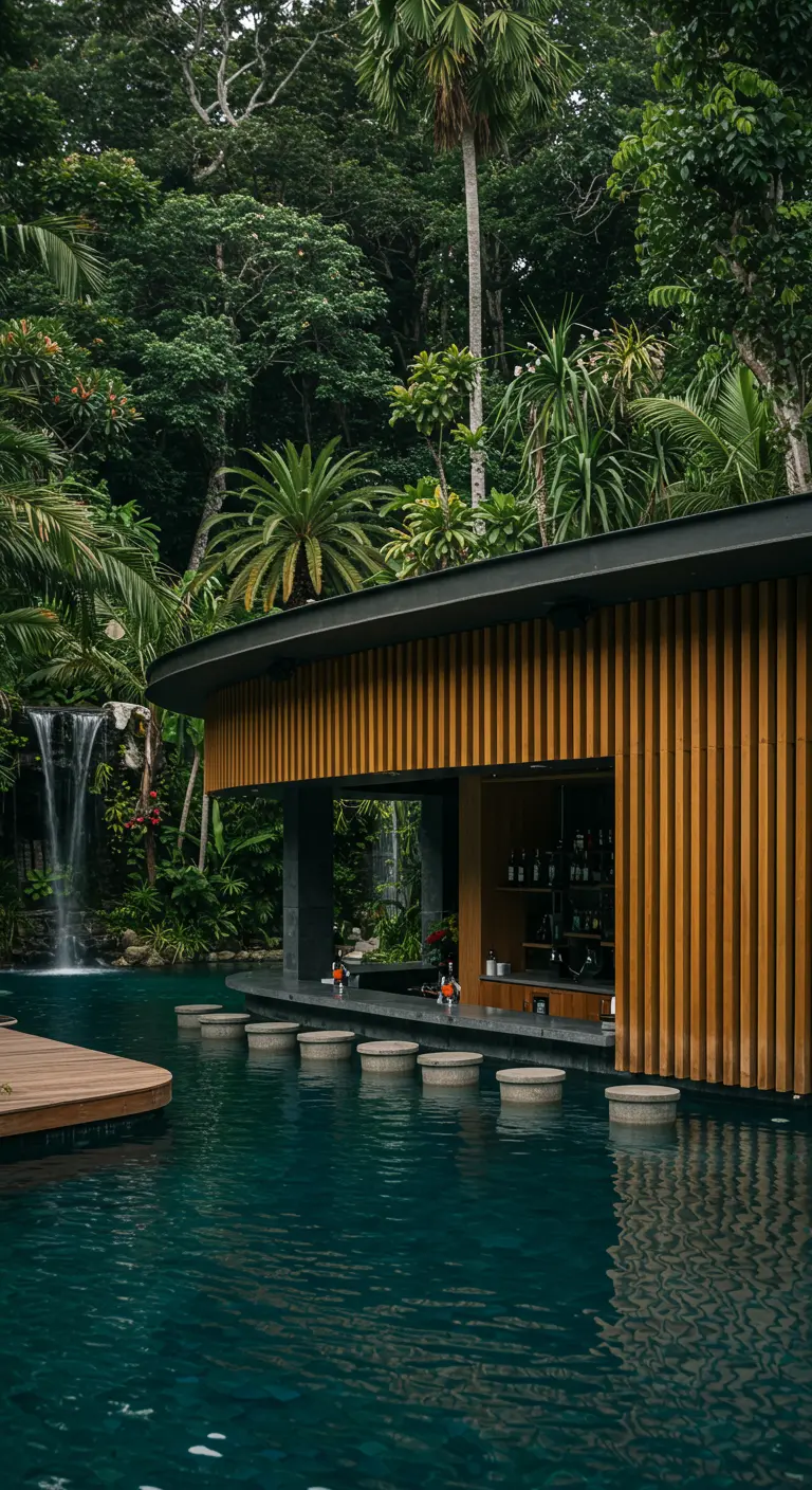 Bar de piscine dans un décor de jungle, avec des tabourets immergés.