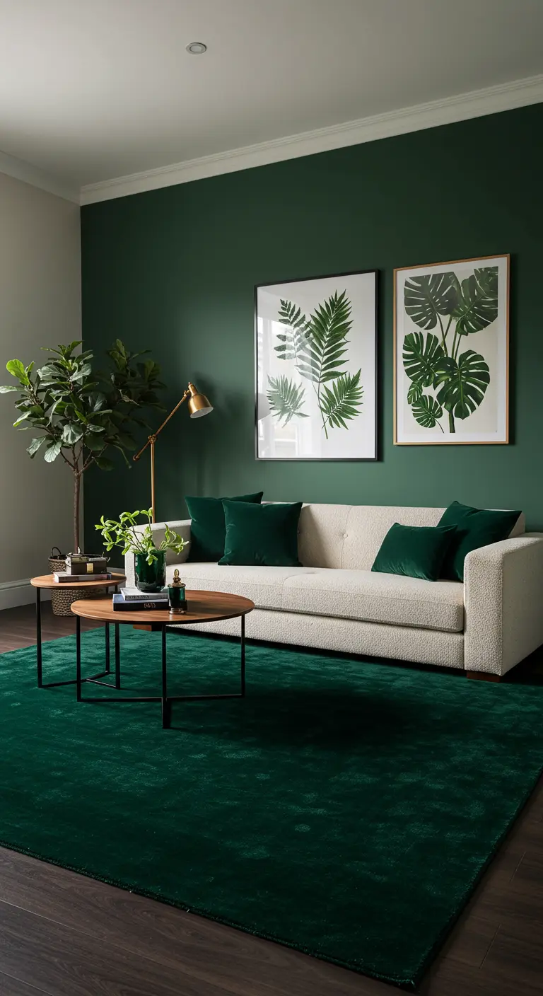 Salon avec un mur vert foncé et un grand tapis assorti, créant un effet ton sur ton.