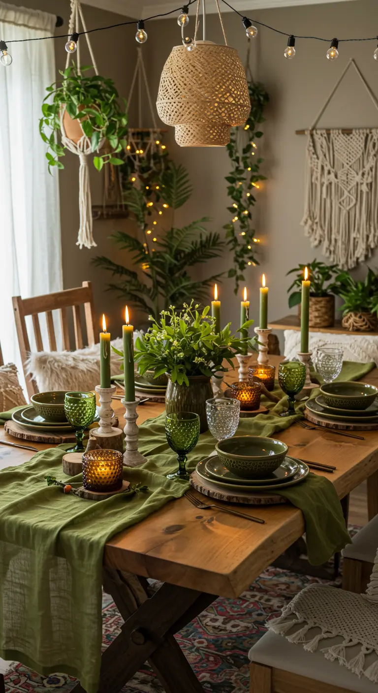 Table en bois, chemin de table vert, vaisselle verte, plantes suspendues, ambiance jungle.