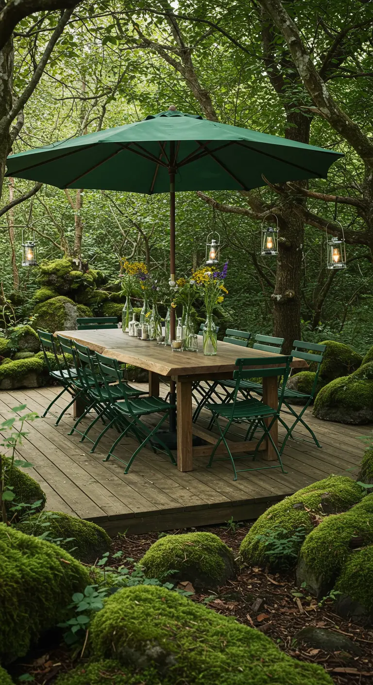 Longue table en bois, chaises vertes, parasol vert foncé, lanternes suspendues dans une forêt de mousse.