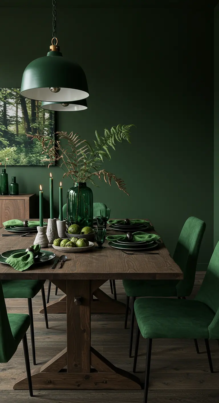 Salle à manger Japandi vert forêt avec table en bois, chaises vertes, fougères, chandeliers verts.