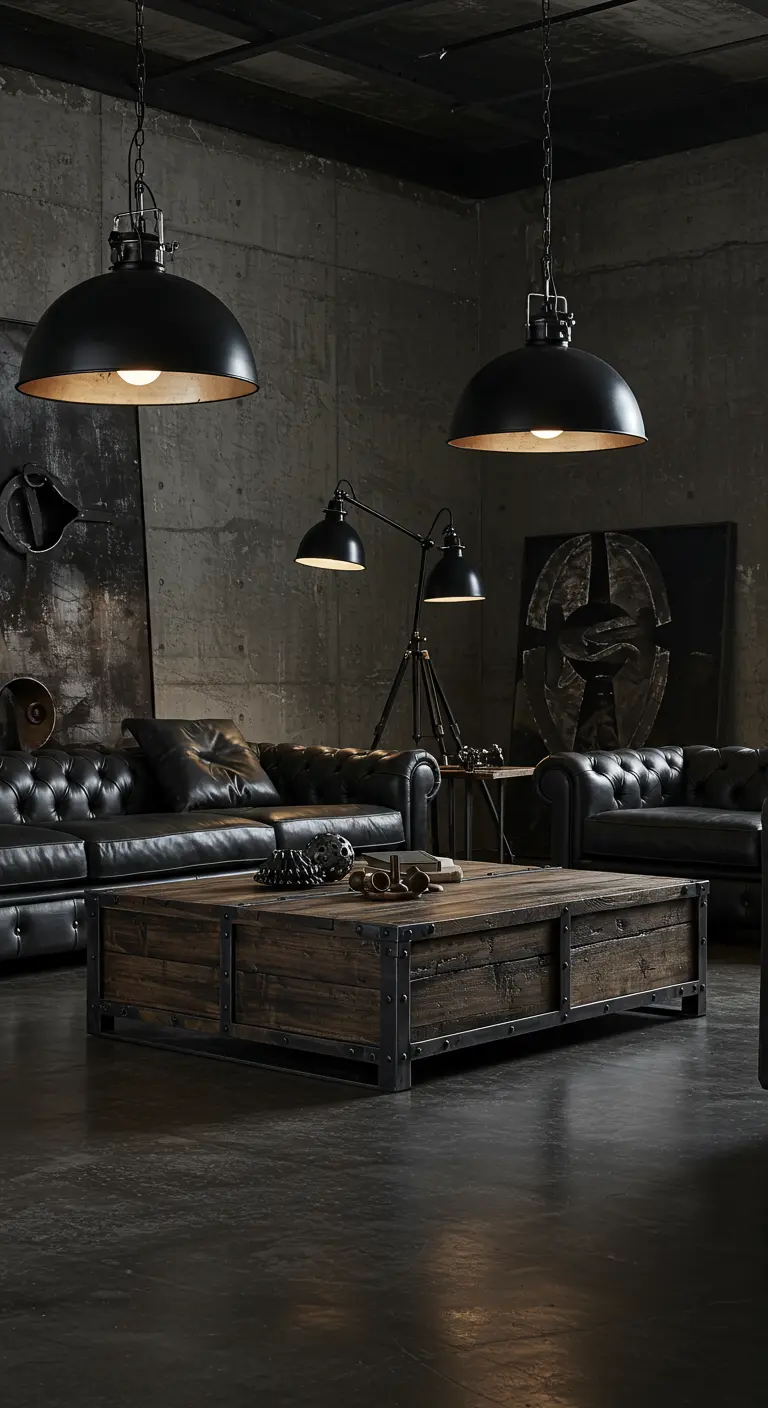 Grand salon industriel avec canapé d'angle en cuir noir, table basse massive en bois et métal, suspensions noires.