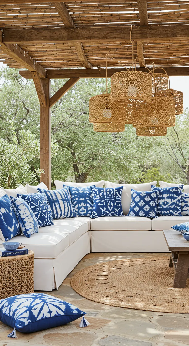 Canapé d'extérieur blanc sous une pergola, garni de coussins indigo aux motifs variés.