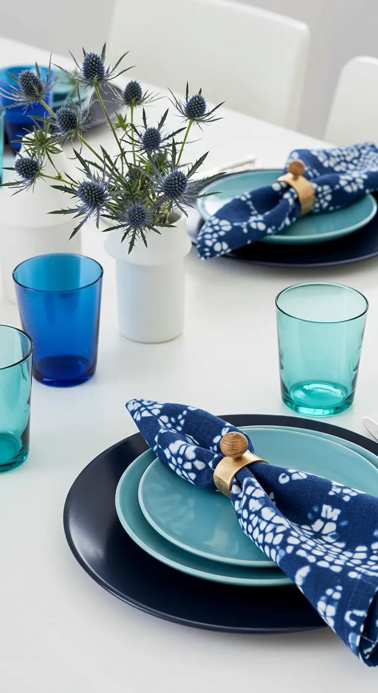 Table moderne avec vaisselle bleue, serviettes tie-dye indigo et bouquet de chardons bleus.