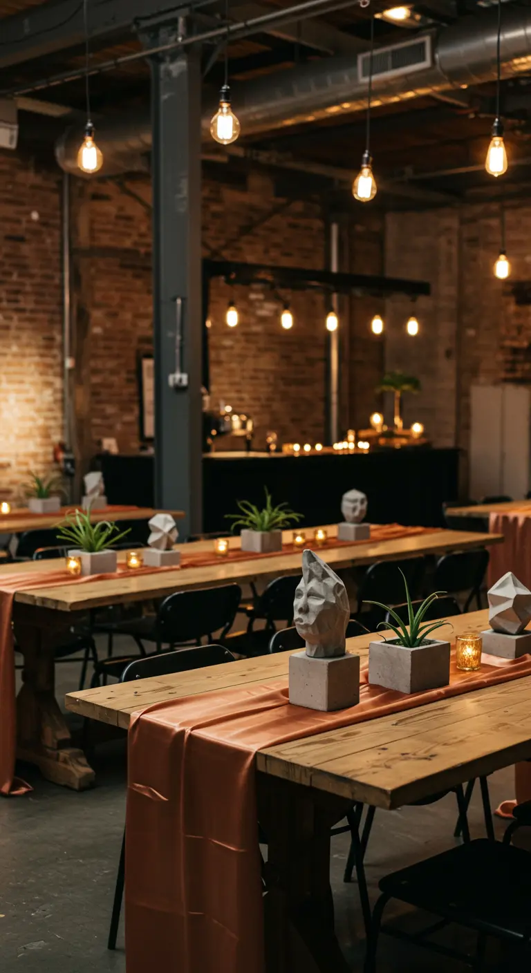 Tables en bois longues dans un espace industriel, chemin de table terracotta, sculptures modernes et plantes.