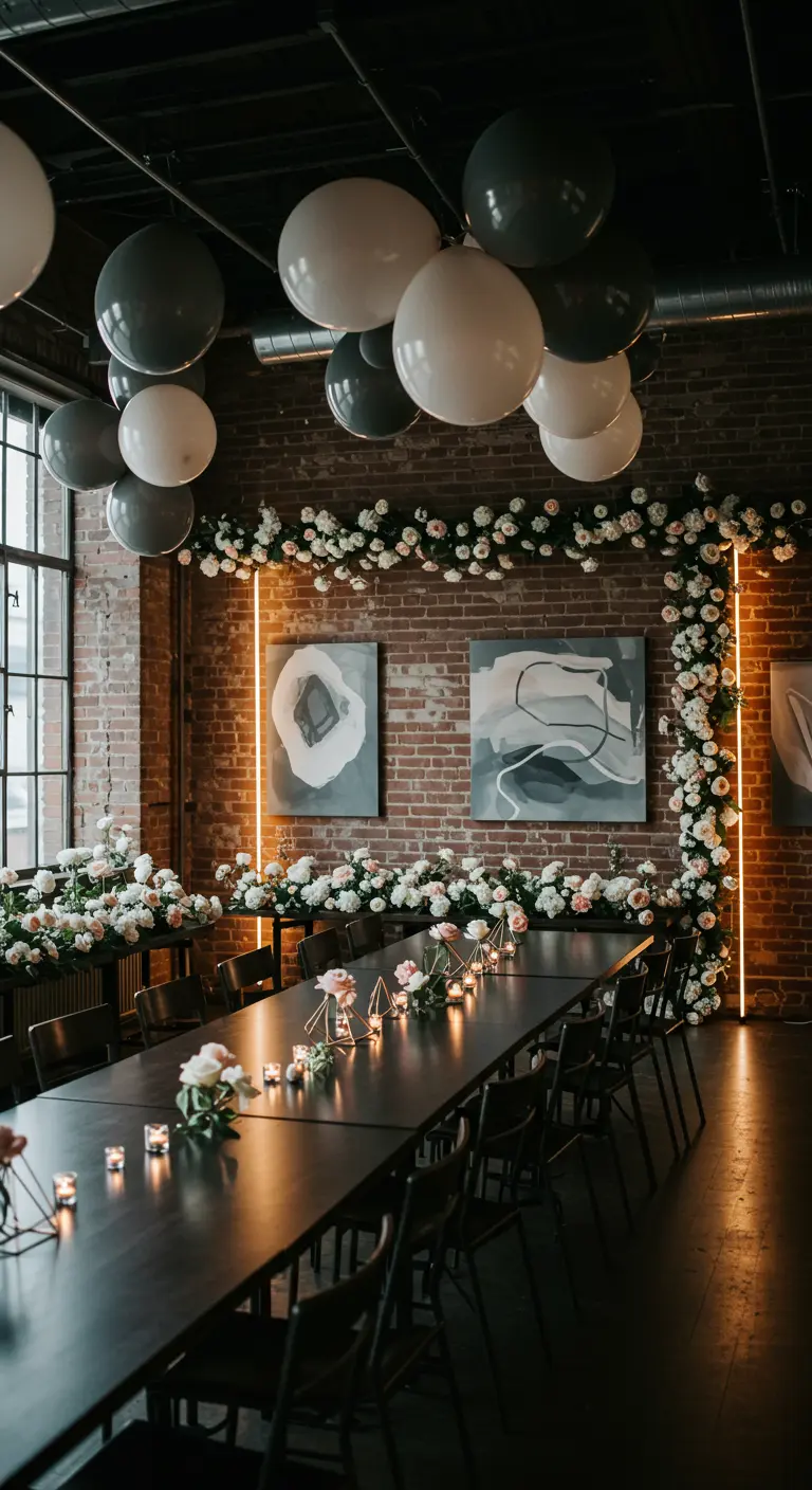 Salle industrielle en briques avec guirlandes de roses blanches, néons, ballons gris et blancs, et longue table.