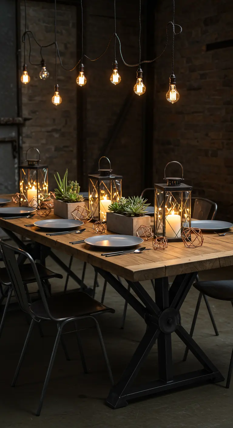 Longue table en bois brut avec chaises en métal, lanternes, plantes grasses et ampoules Edison suspendues.