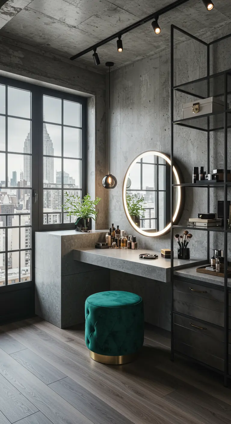 Coiffeuse en béton brut près d'une grande fenêtre, miroir rond lumineux, étagères industrielles.