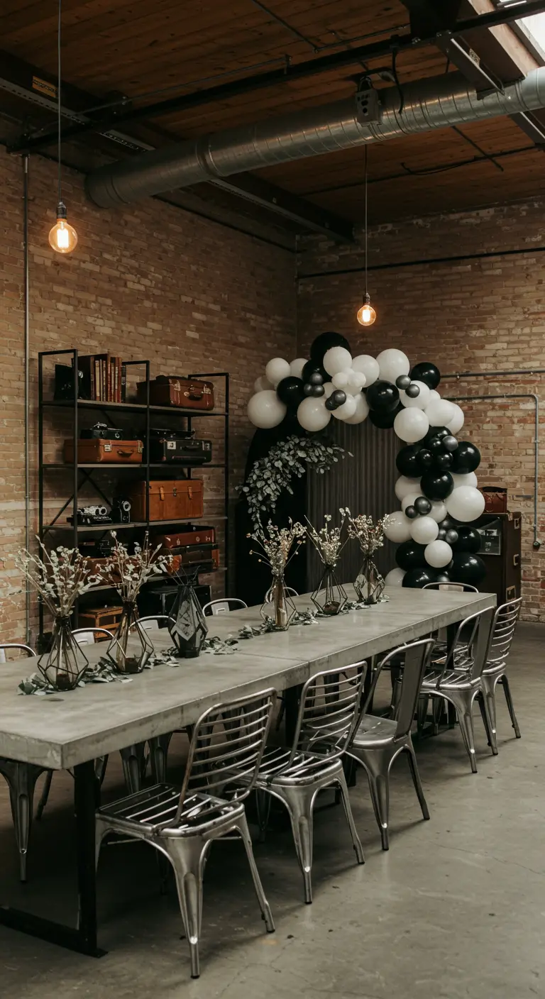 Décoration industrielle avec arche de ballons noirs et blancs, mur de briques et valises vintage.