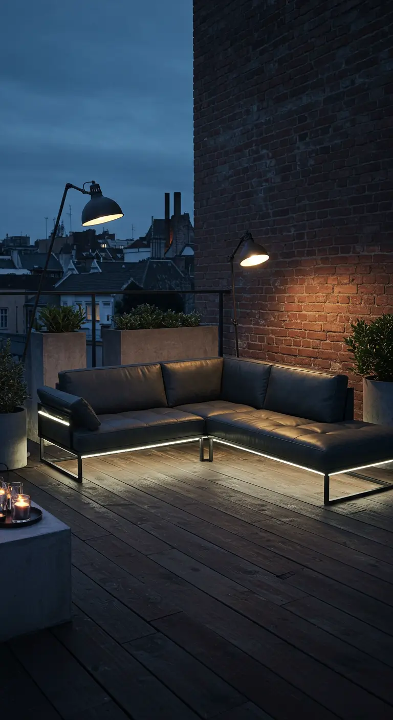 Canapé d'angle en cuir noir avec LED blanches sur un rooftop industriel chic.