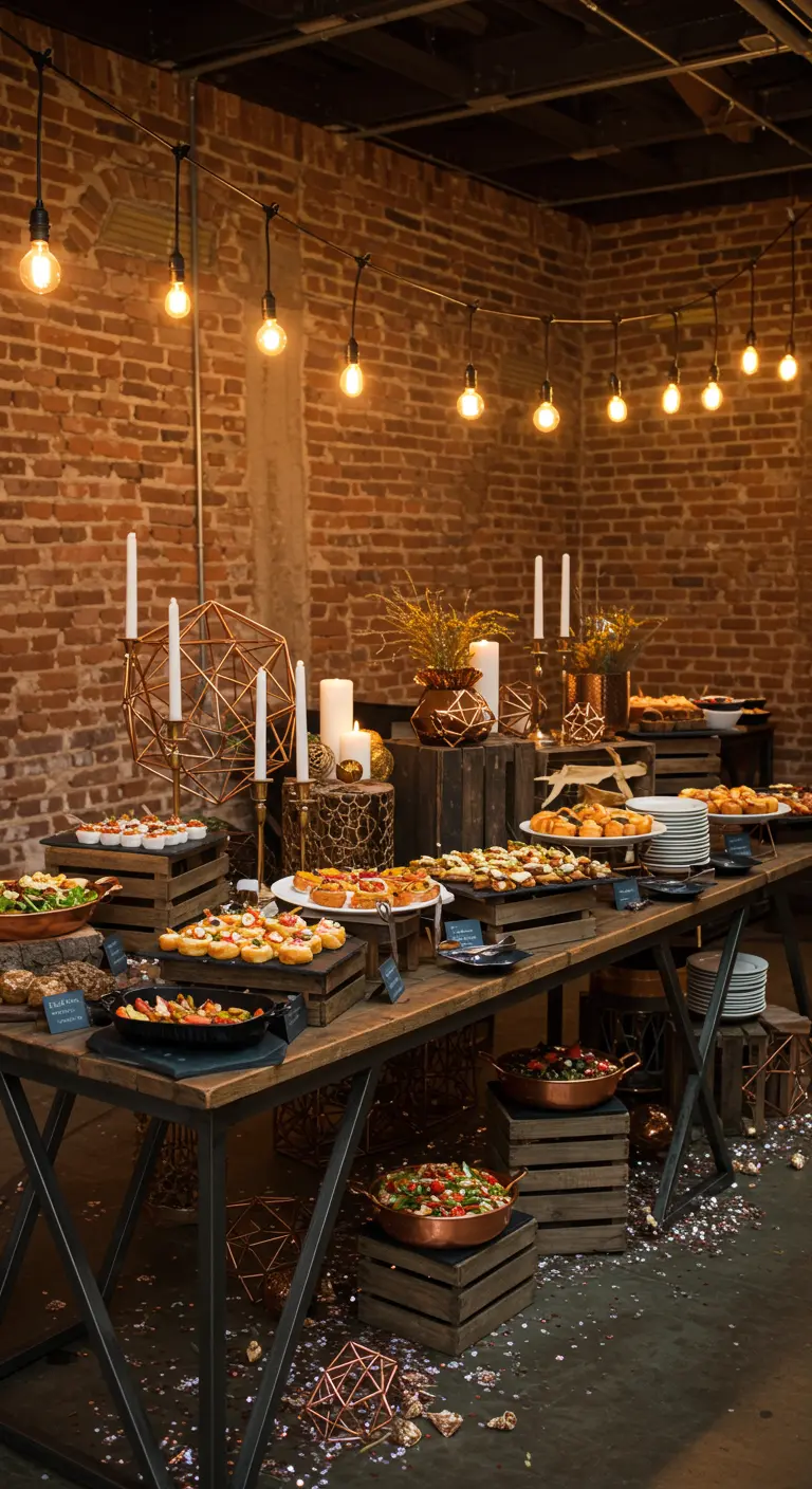 Buffet industriel chic, mur de briques, ampoules Edison, caisses en bois, accents cuivrés.