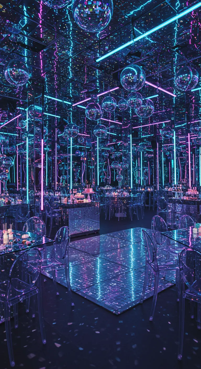 Salle de fête avec des miroirs muraux, des lumières néon roses et bleues, des boules disco et des chaises transparentes.