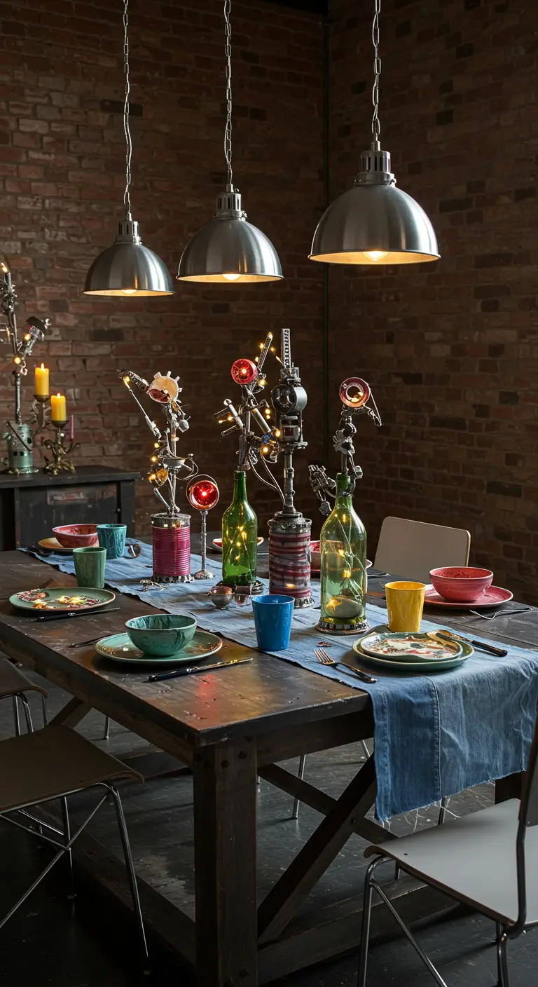 Table industrielle avec des centres de table DIY faits de pièces mécaniques et de bouteilles éclairées par des LED.