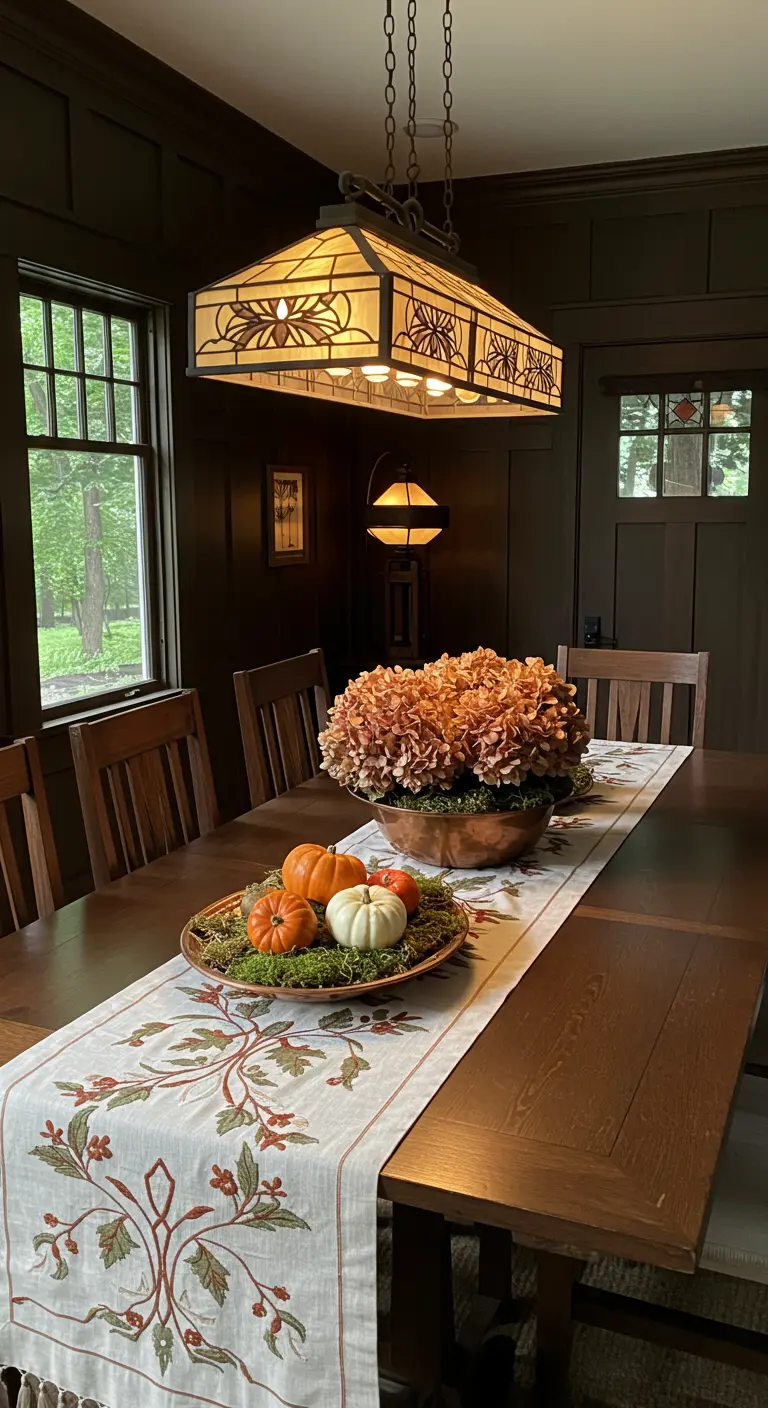 Table Arts & Crafts avec chemin de table brodé et hortensias séchés.
