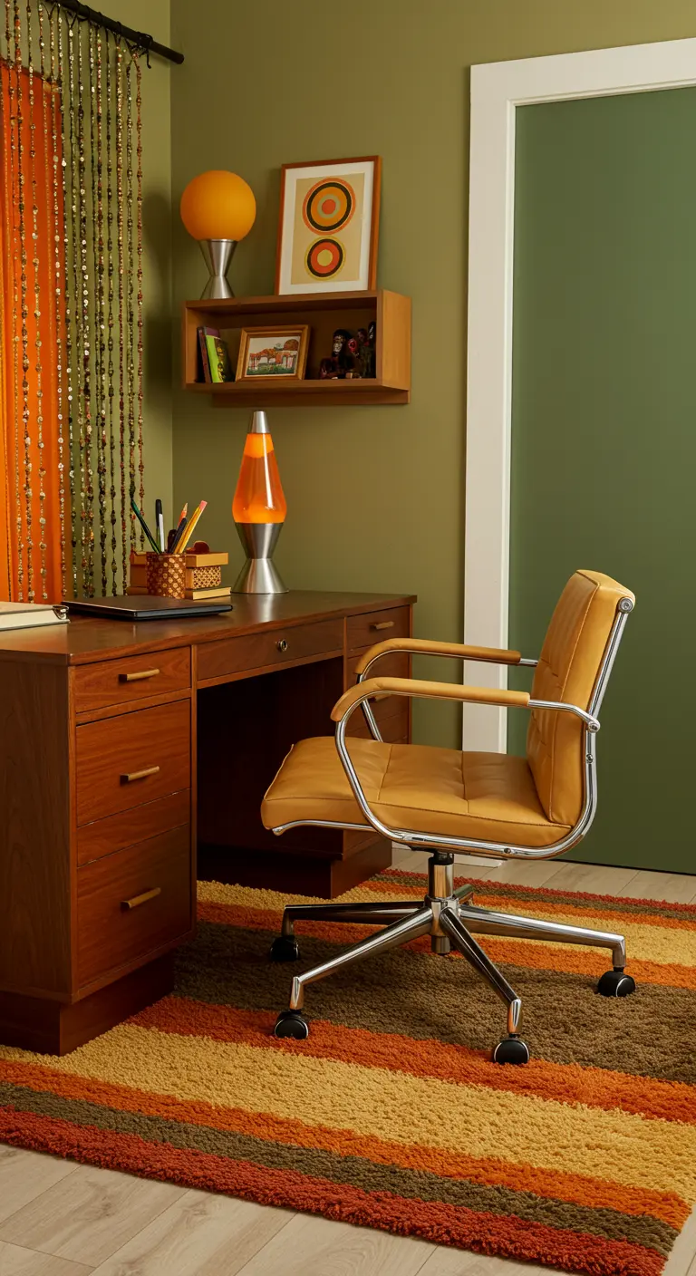Bureau d'inspiration années 70 avec tapis à rayures orange et lampe à lave.