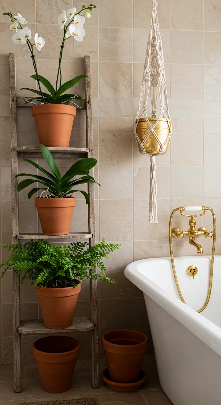 Salle de bain avec des plantes en terre cuite sur une échelle en bois et un pot doré suspendu.