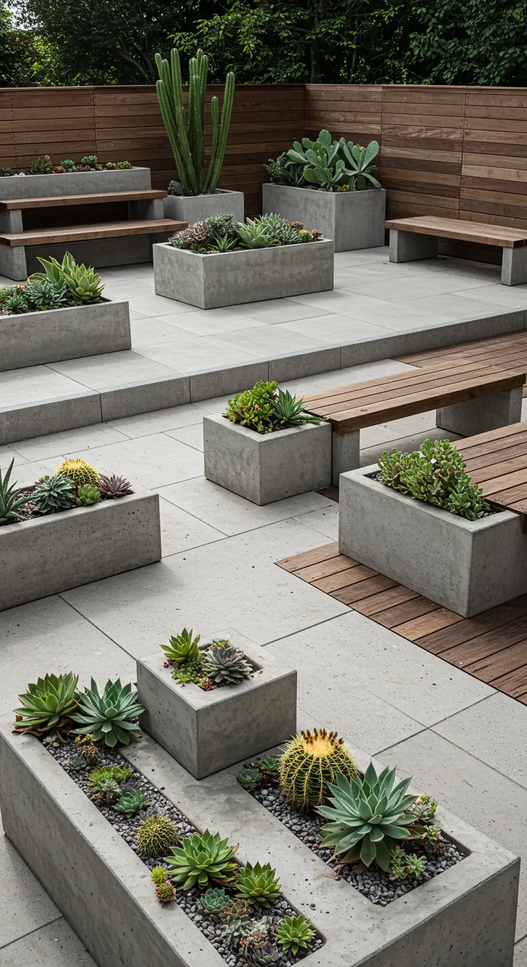 Grande terrasse moderne avec jardinières rectangulaires en béton et bancs en bois intégrés, remplies de succulentes et cactus.