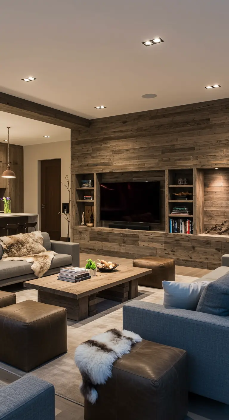 Mur multimédia en bois de récupération avec télévision intégrée dans un salon chalet.