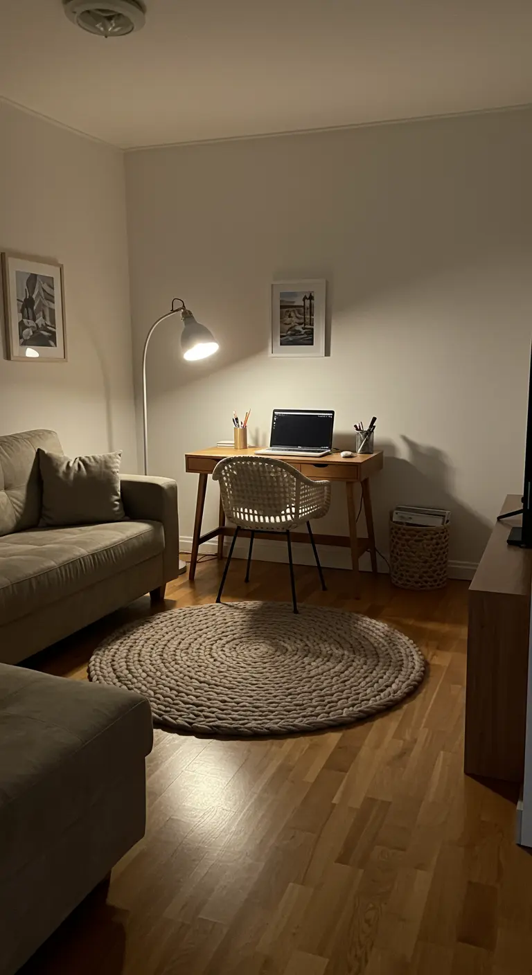 Coin bureau discret dans un salon, avec un petit tapis rond en jute et un canapé.