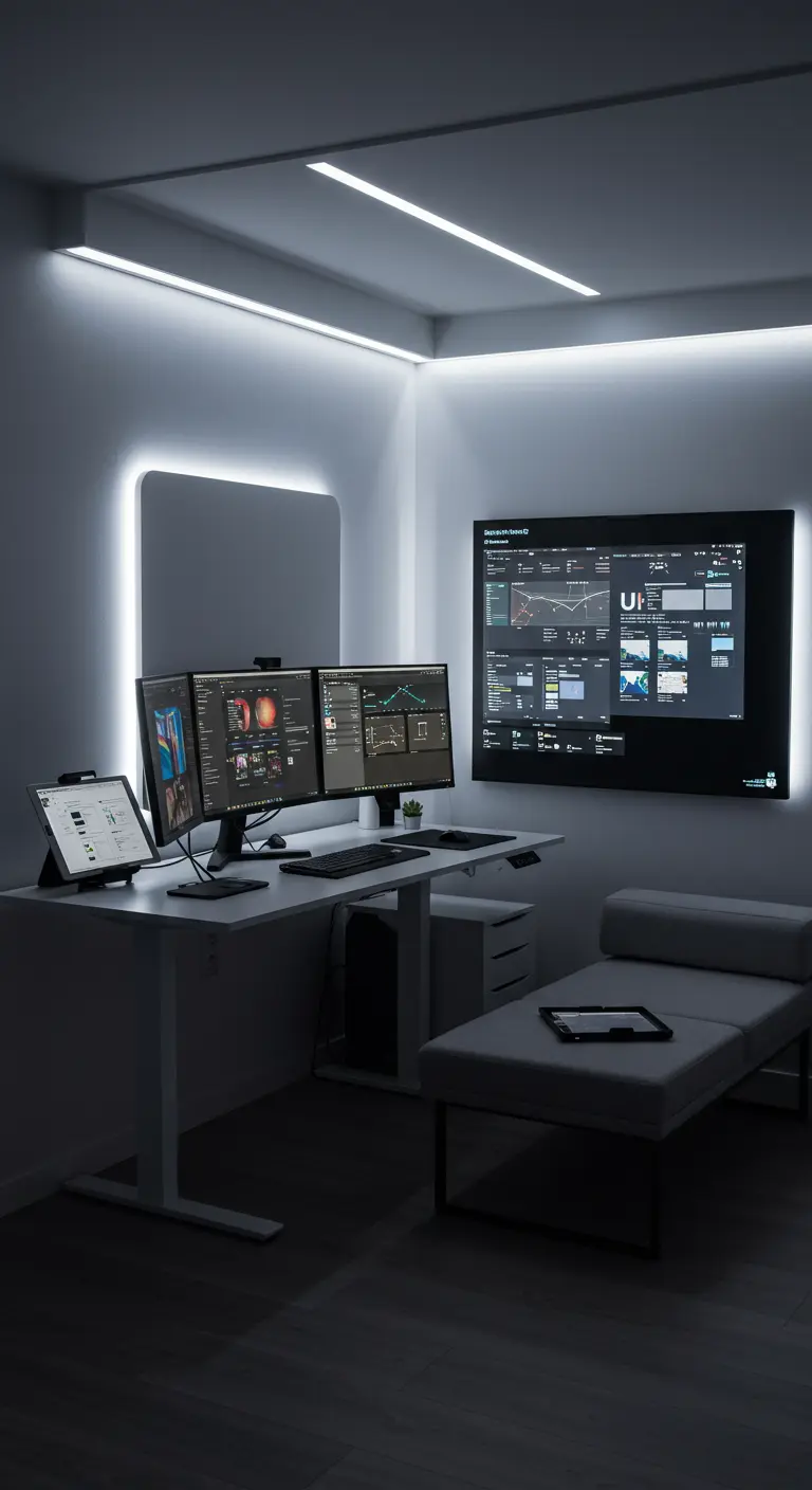 Setup de bureau futuriste avec plusieurs écrans et un éclairage d'ambiance LED.