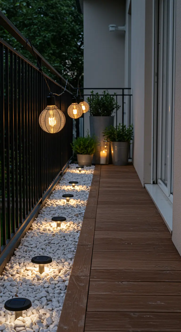 Balcon étroit avec une guirlande de lampions et des spots solaires au sol.