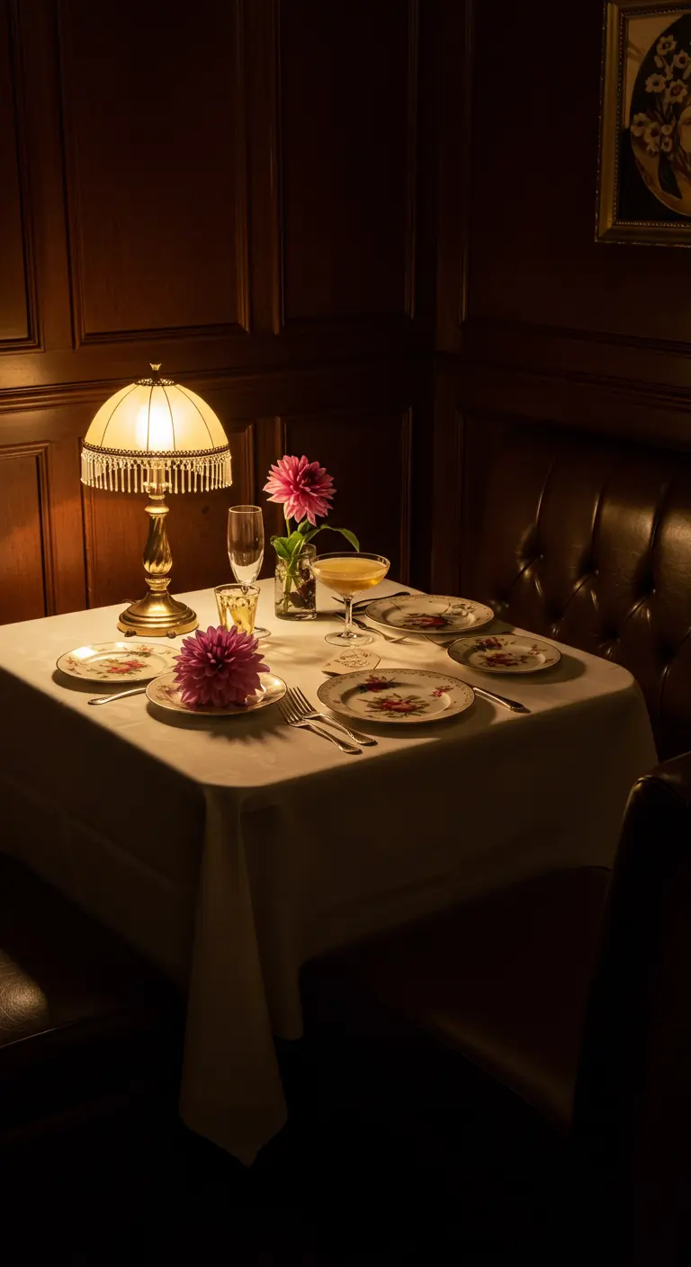 Coin repas intime avec une banquette en cuir, éclairé par une lampe de table de style Tiffany.