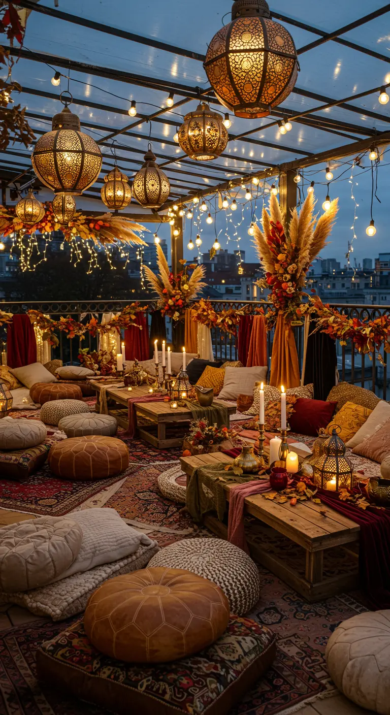 Grande terrasse avec salon oriental, coussins de sol, poufs, tables basses, lanternes ciselées et guirlandes de feuilles.