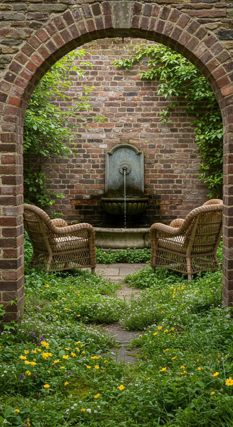 Coin jardin avec fontaine et chaises en osier, vu à travers une arche en brique.