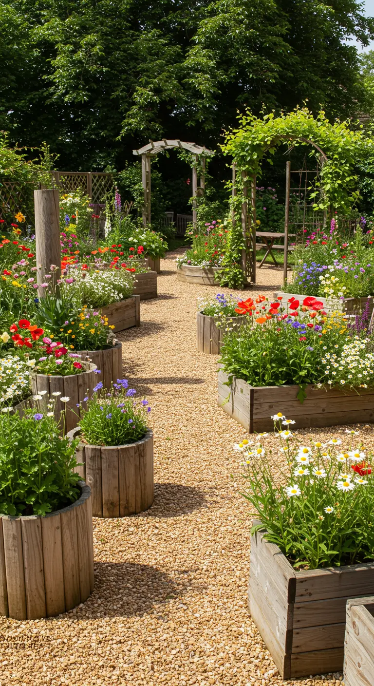 Vaste jardin avec de nombreuses jardinières en bois (carrées et rondes) remplies de fleurs colorées.