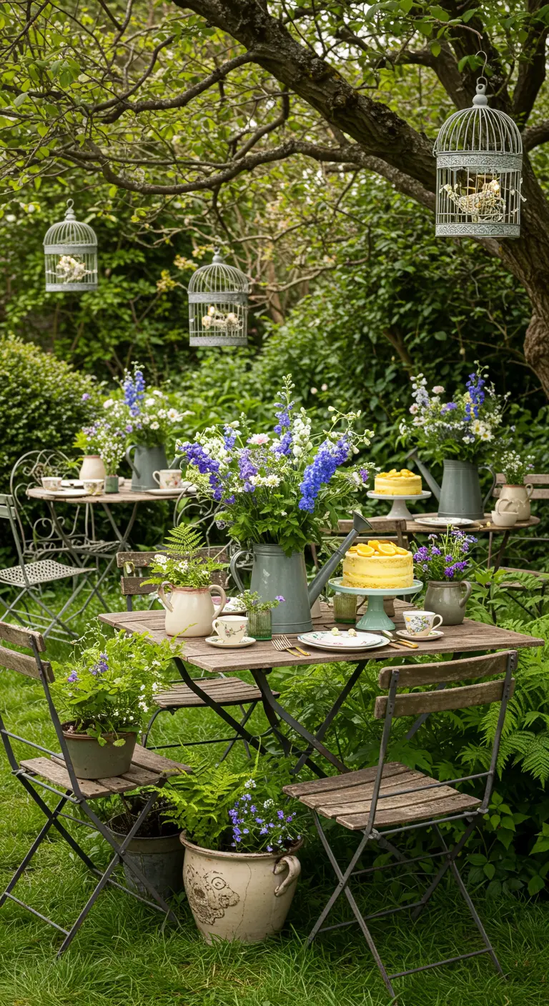 Table de jardin anglaise avec arrosoirs en guise de vases, bouquets champêtres et cages à oiseaux suspendues.