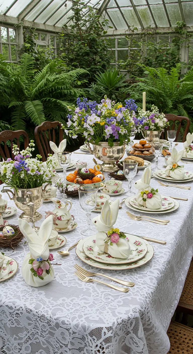 Table de Pâques très fleurie et romantique avec une nappe en dentelle.