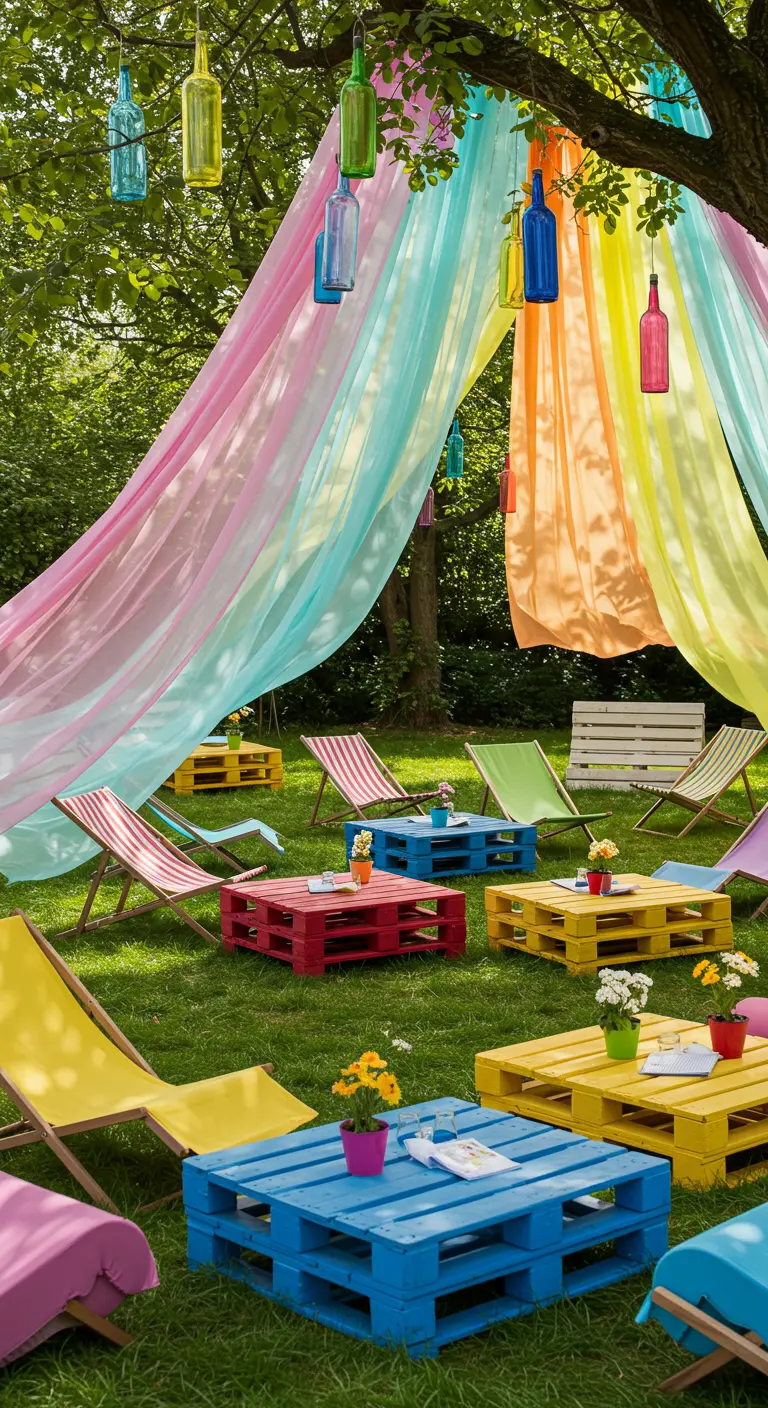 Jardin coloré avec voiles arc-en-ciel, bouteilles suspendues et tables basses en palettes vives.