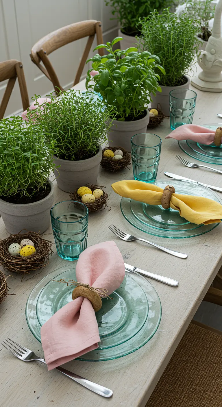 Table de Pâques décorée avec de nombreux pots d'herbes aromatiques.