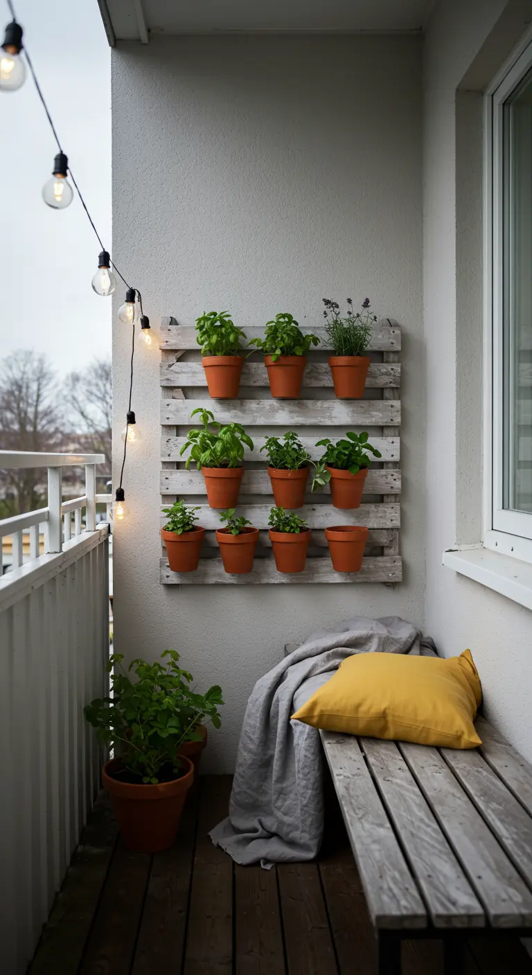 Palette en bois recyclée en jardin vertical pour herbes aromatiques.