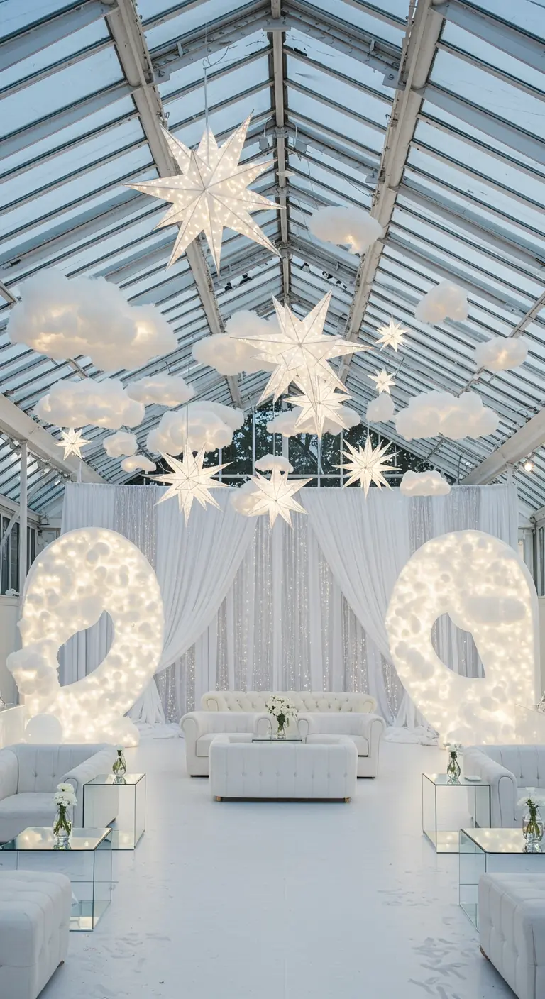 Une serre décorée de nuages blancs, d'étoiles lumineuses blanches et de canapés immaculés.