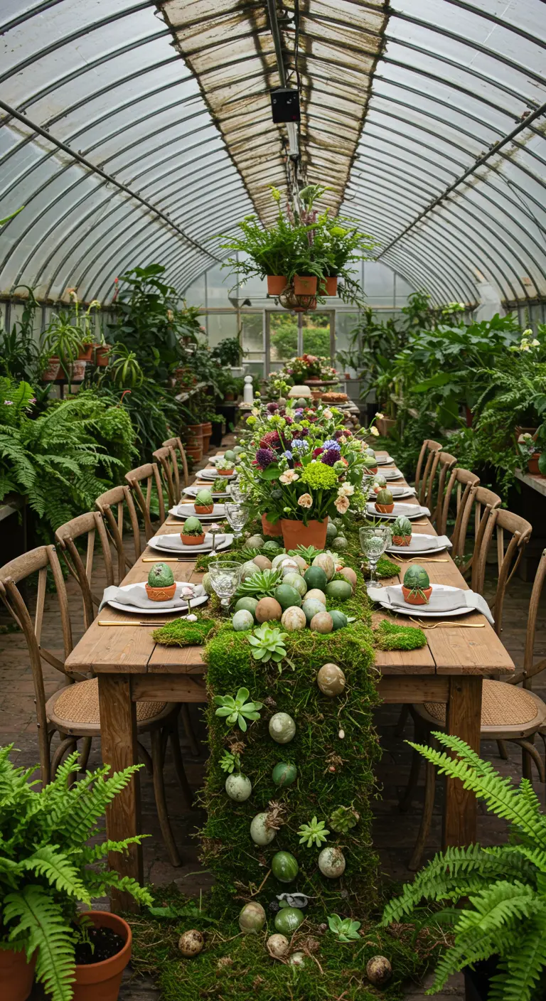 Longue table de Pâques dans une serre avec un chemin de table en mousse et plantes grasses.