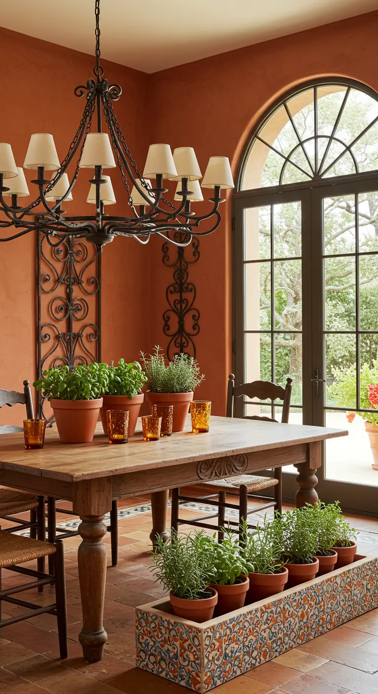 Table en bois rustique avec un centre de table de plantes aromatiques en pots de terre cuite dans une jardinière mosaïque.