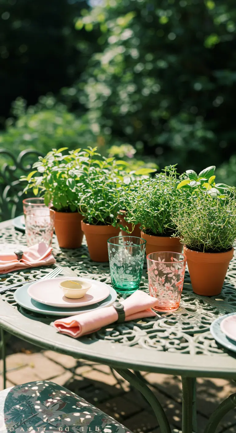 Centre de table composé de divers pots d'herbes aromatiques sur une table de jardin