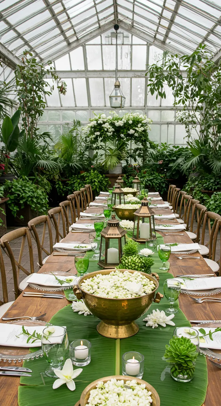 Longue table de dîner dans une serre, avec un chemin de table en feuilles de bananier.