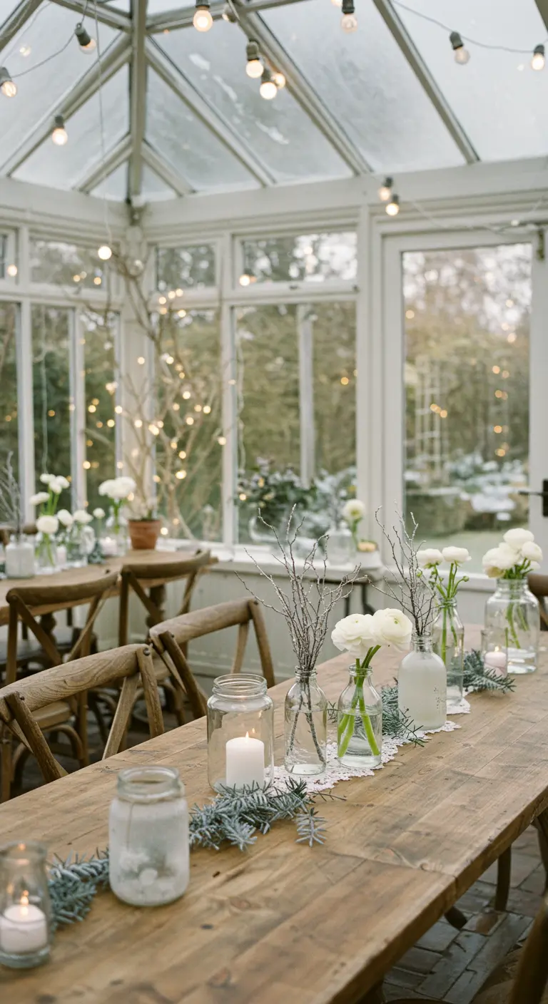 Table rustique dans une véranda avec petits vases, branches et bougies, lumières douces.